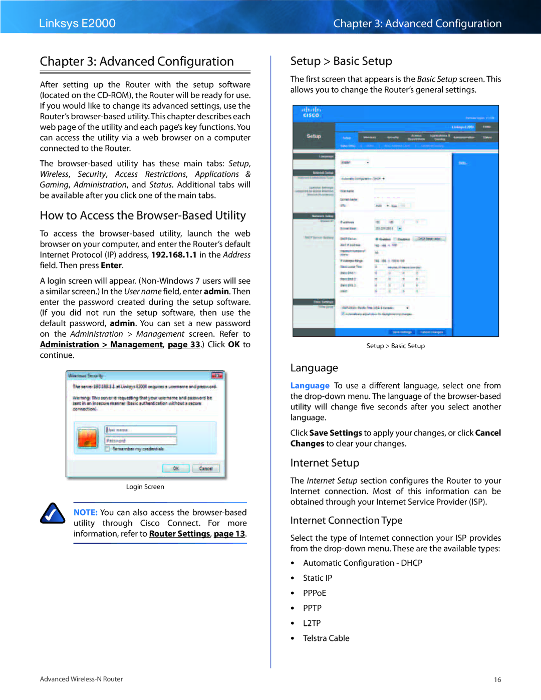 Linksys E2000 Advanced Configuration, How to Access the Browser-Based Utility, Setup Basic Setup, Language, Internet Setup 