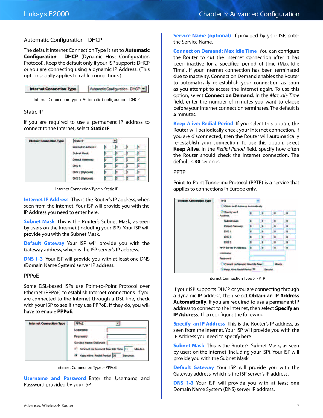 Linksys E2000 manual Automatic Configuration Dhcp, Static IP, PPPoE, Minutes 