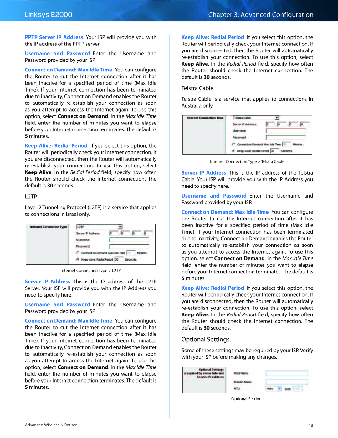 Linksys E2000 manual Optional Settings, Telstra Cable 