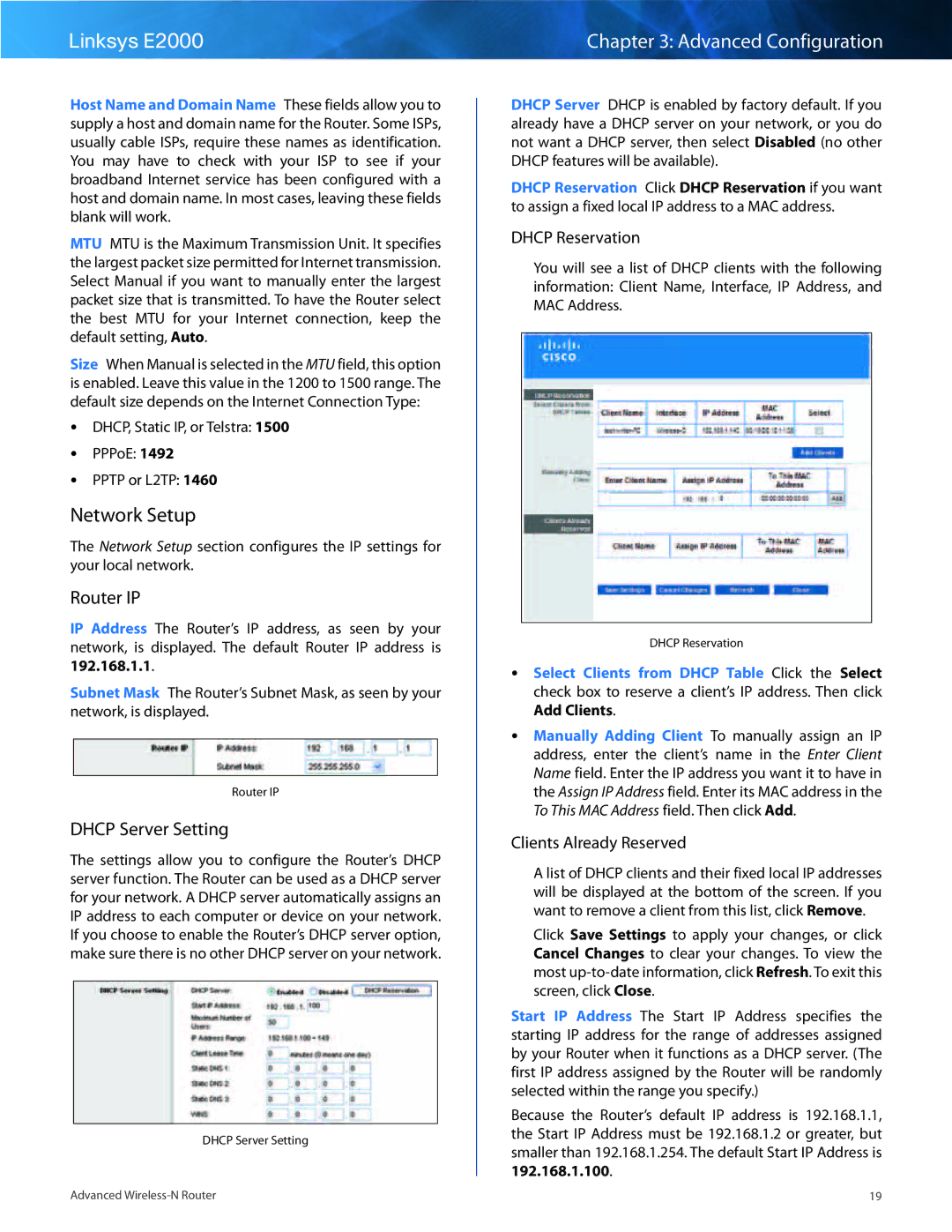 Linksys E2000 manual Network Setup, Router IP, Dhcp Server Setting, Dhcp Reservation, Clients Already Reserved 