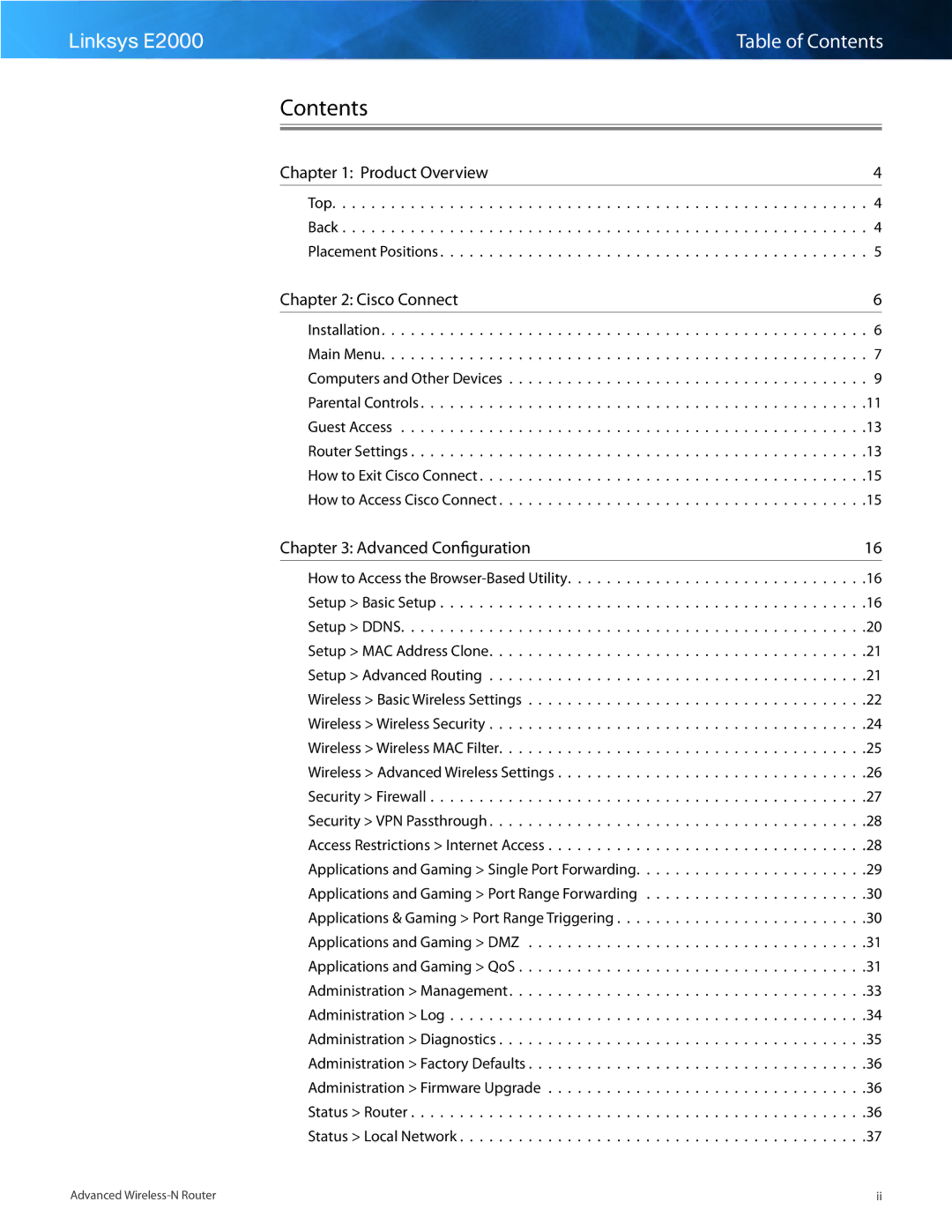 Linksys E2000 manual Contents 