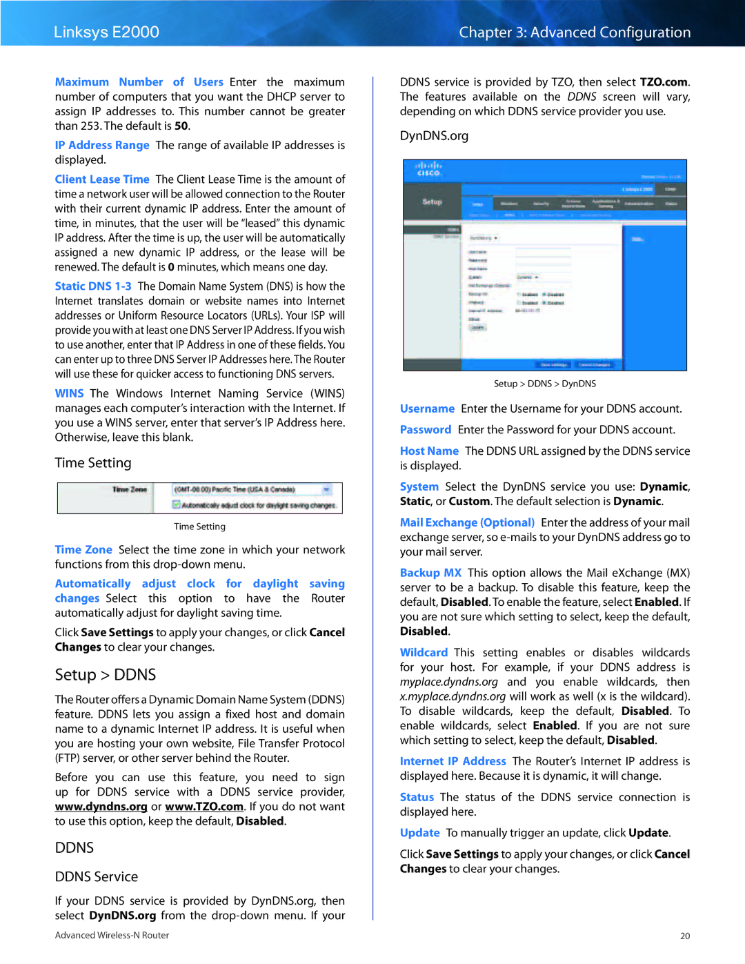 Linksys E2000 manual Setup Ddns, Time Setting, Ddns Service, DynDNS..org 