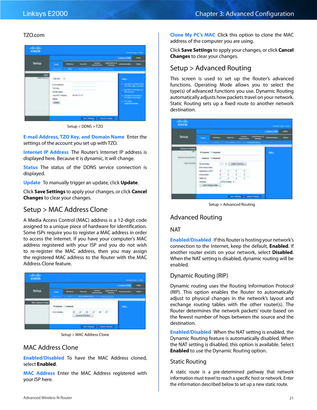 Linksys E2000 manual Setup MAC Address Clone, Setup Advanced Routing 