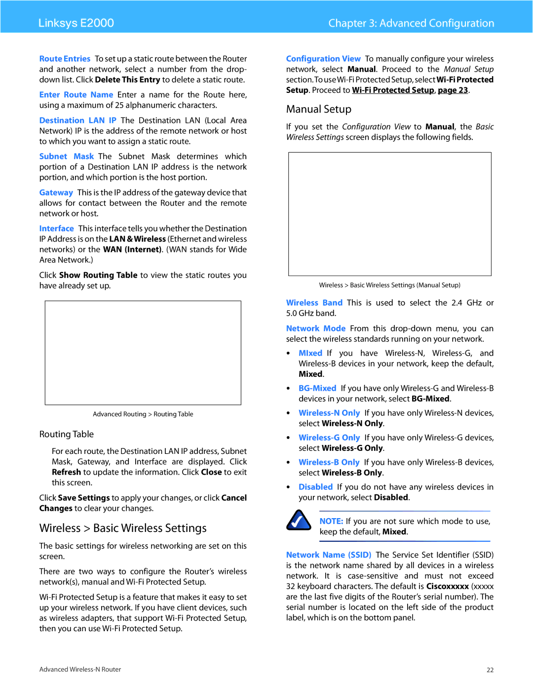 Linksys E2000 manual Wireless Basic Wireless Settings, Manual Setup, Routing Table 