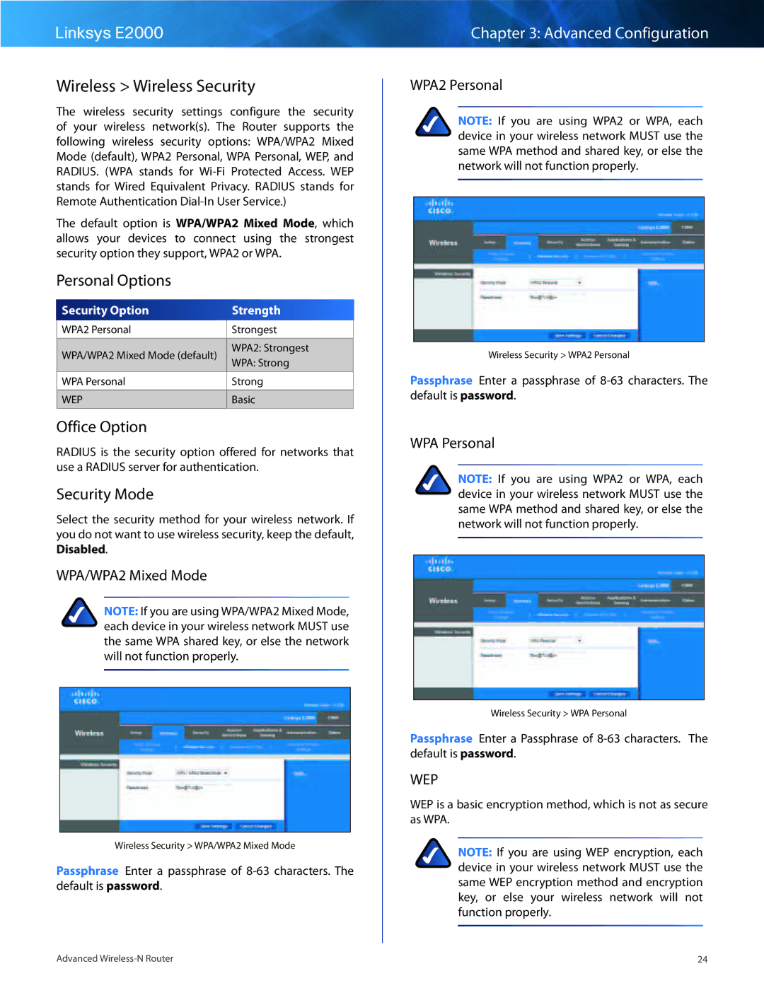 Linksys E2000 manual Wireless Wireless Security, Personal Options, Office Option, Security Mode 