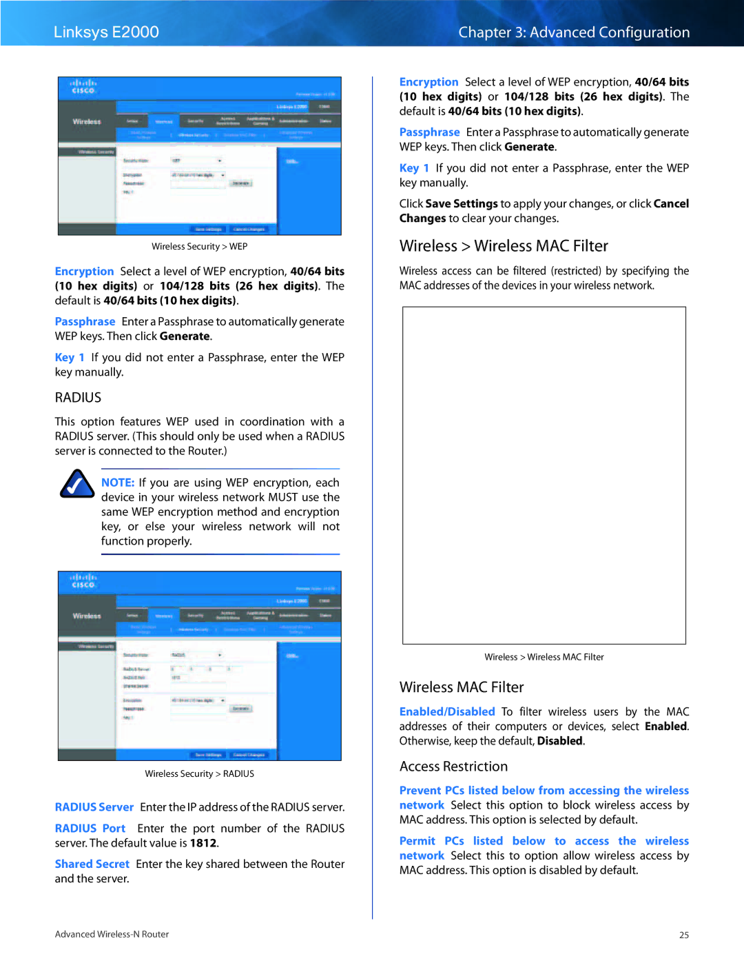 Linksys E2000 manual Wireless Wireless MAC Filter, Access Restriction 