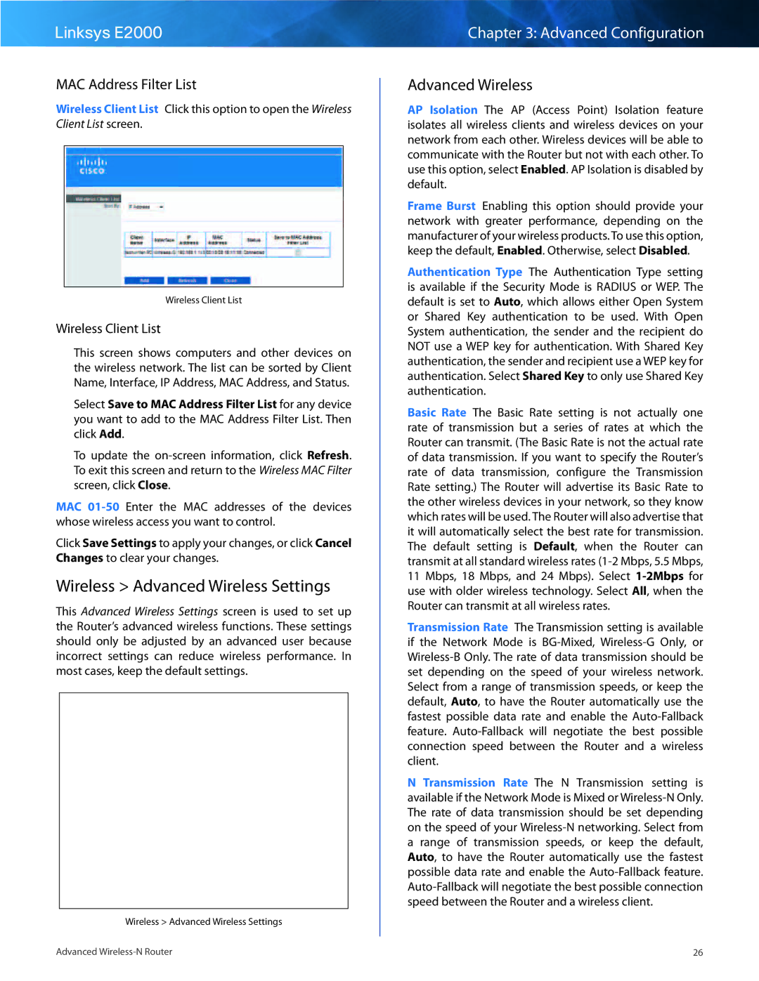 Linksys E2000 manual Wireless Advanced Wireless Settings, MAC Address Filter List, Wireless Client List 