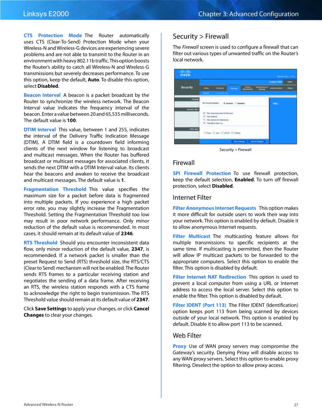 Linksys E2000 manual Security Firewall, Internet Filter, Web Filter 