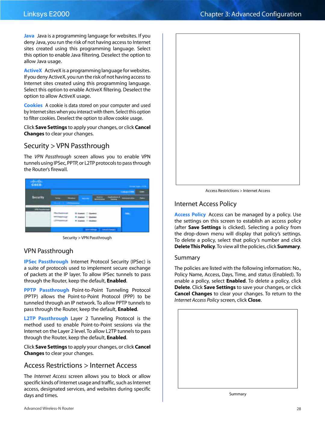 Linksys E2000 manual Security VPN Passthrough, Access Restrictions Internet Access, Internet Access Policy, Summary 