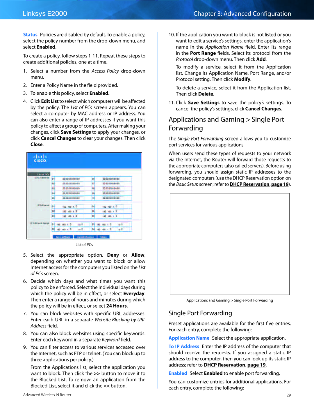 Linksys E2000 manual Applications and Gaming Single Port Forwarding 