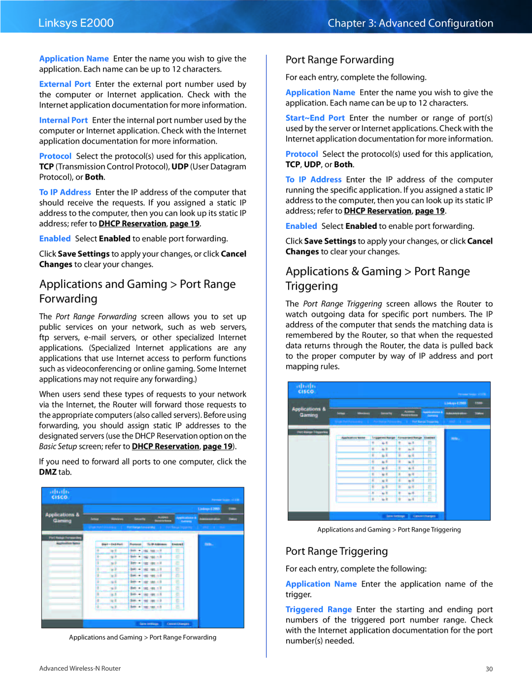 Linksys E2000 manual Applications and Gaming Port Range Forwarding, Applications & Gaming Port Range Triggering 