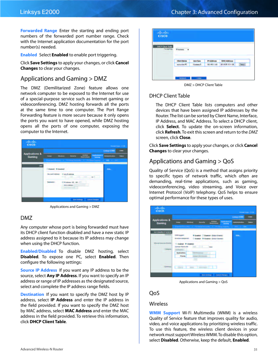 Linksys E2000 manual Applications and Gaming DMZ, Applications and Gaming QoS, Dhcp Client Table, Wireless 