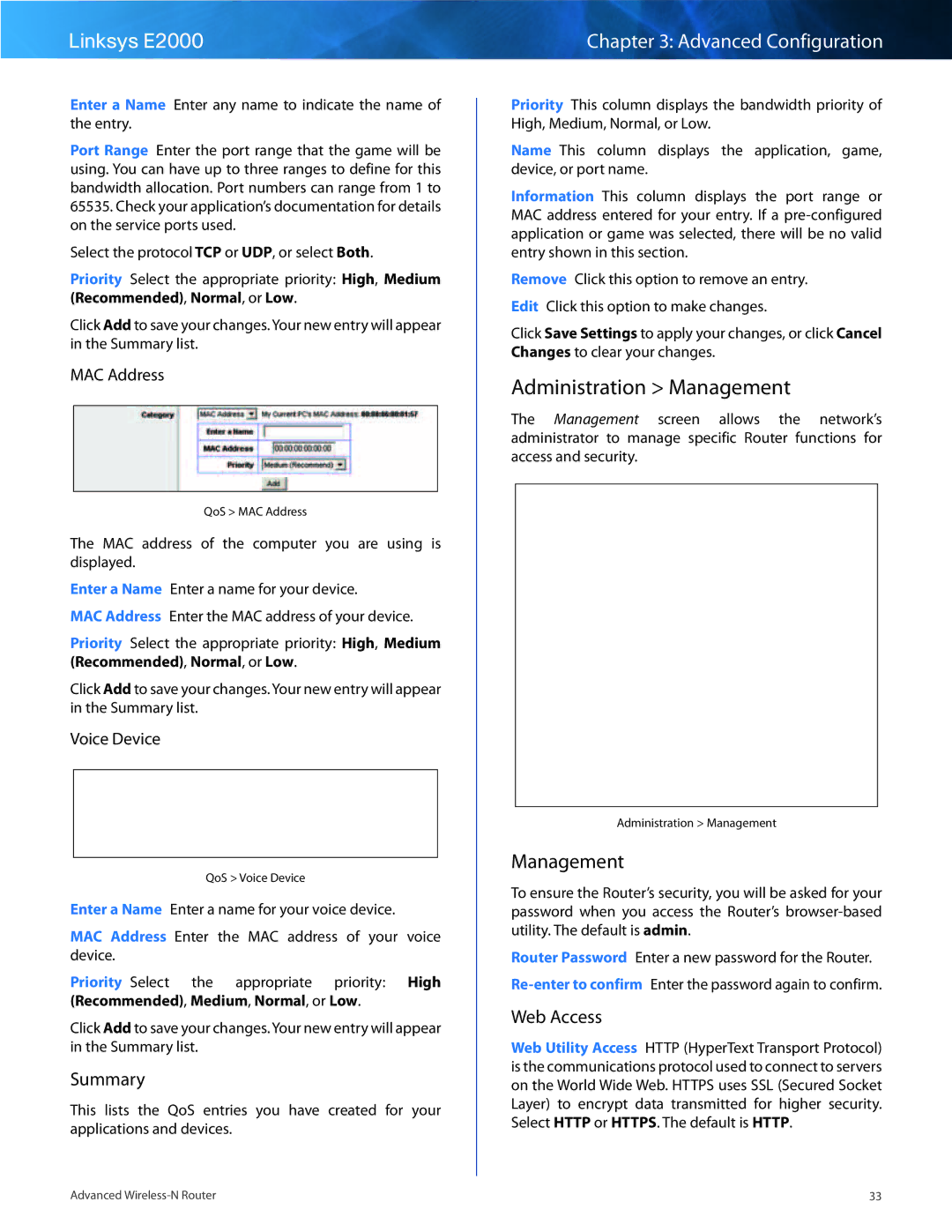 Linksys E2000 manual Administration Management, Web Access, MAC Address, Voice Device 