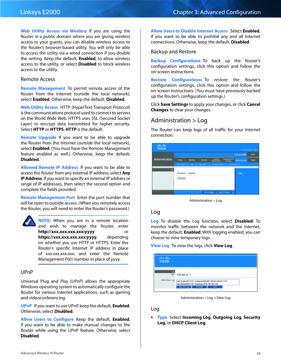 Linksys E2000 manual Administration Log 