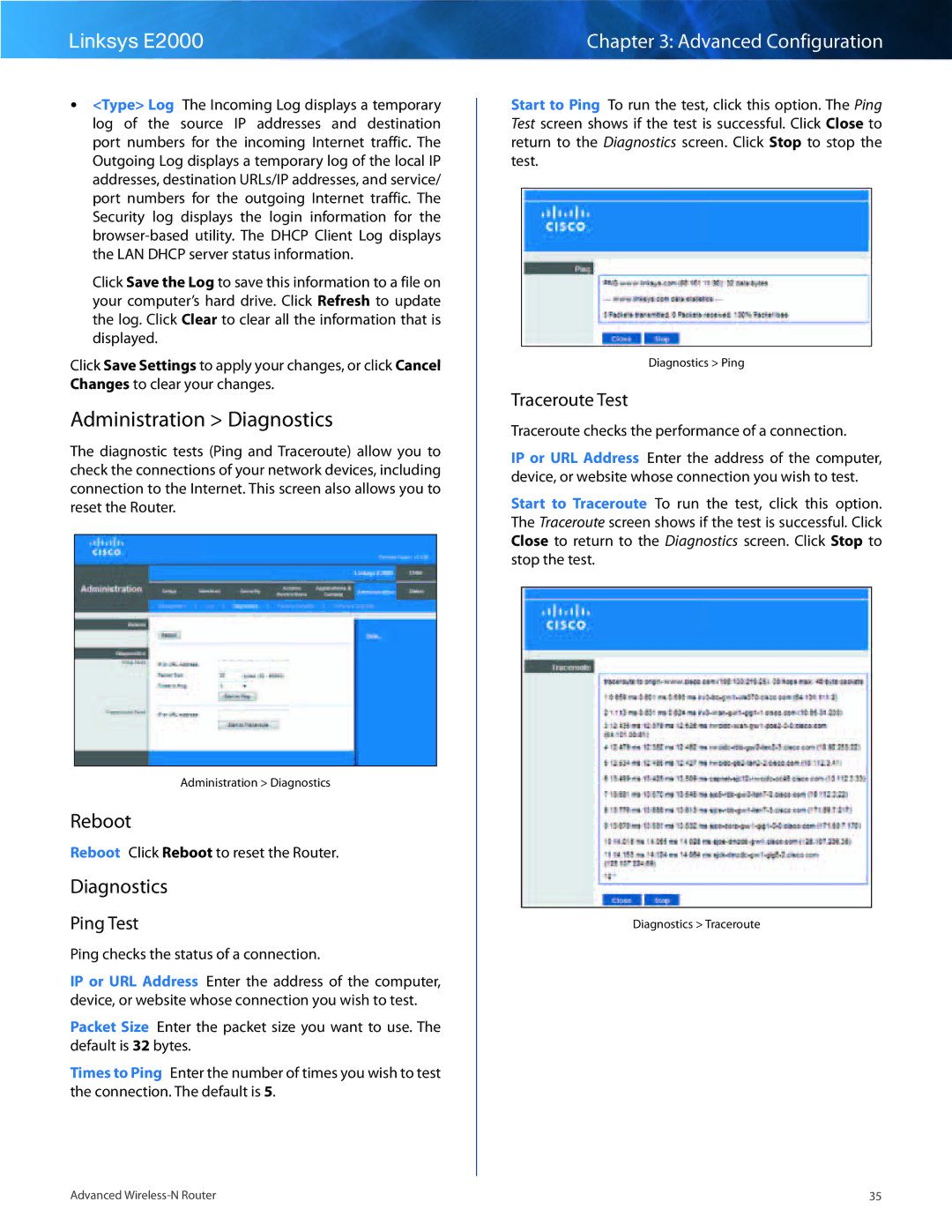 Linksys E2000 manual Administration Diagnostics, Reboot, Ping Test, Traceroute Test 