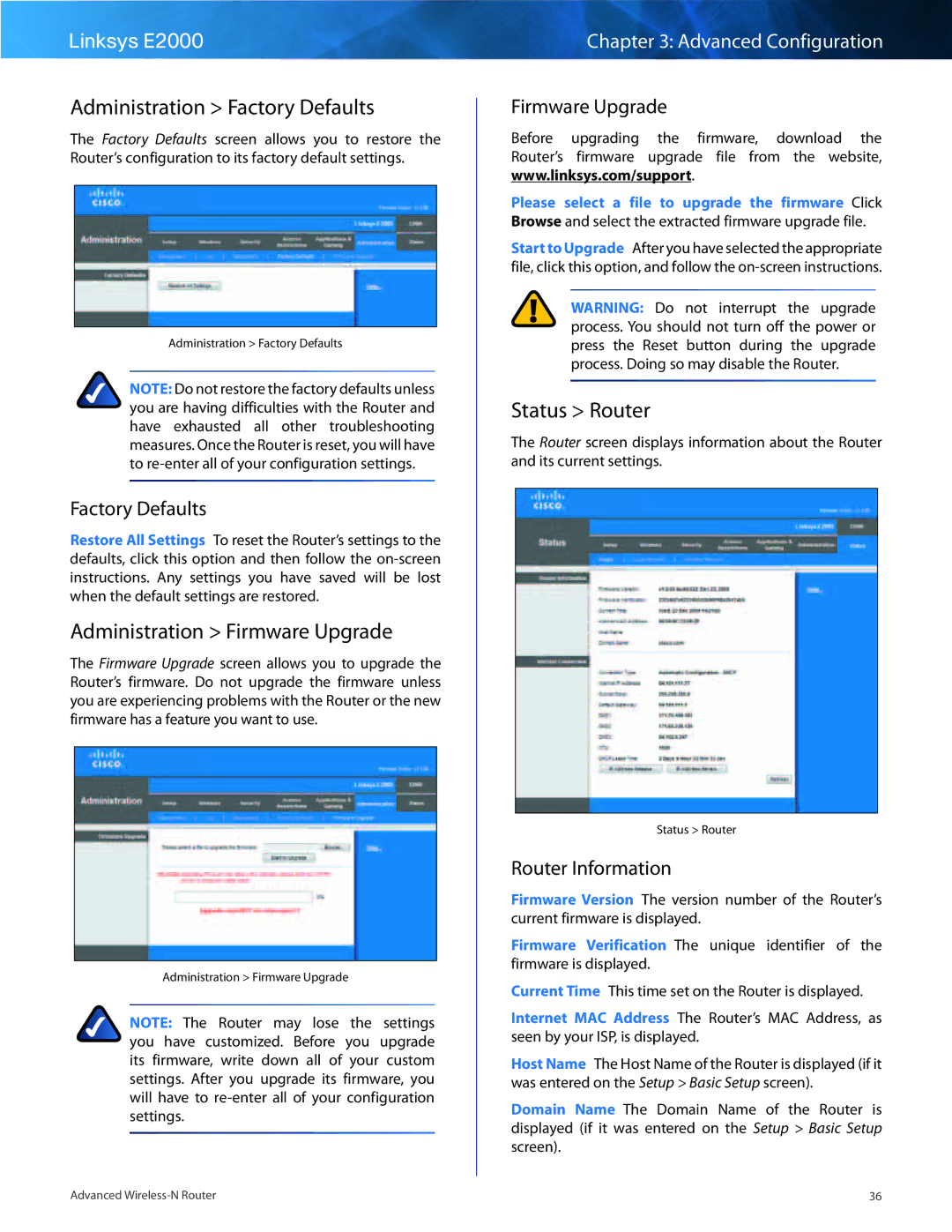 Linksys E2000 manual Administration Factory Defaults, Administration Firmware Upgrade, Status Router 