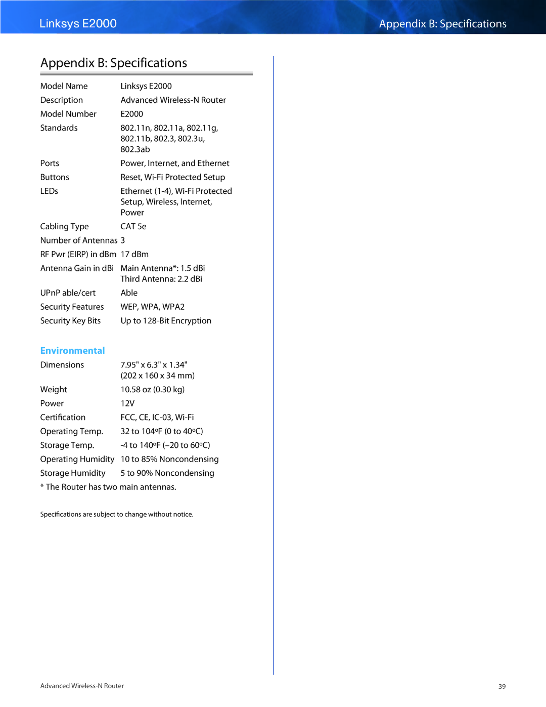 Linksys E2000 manual Appendix B Specifications 