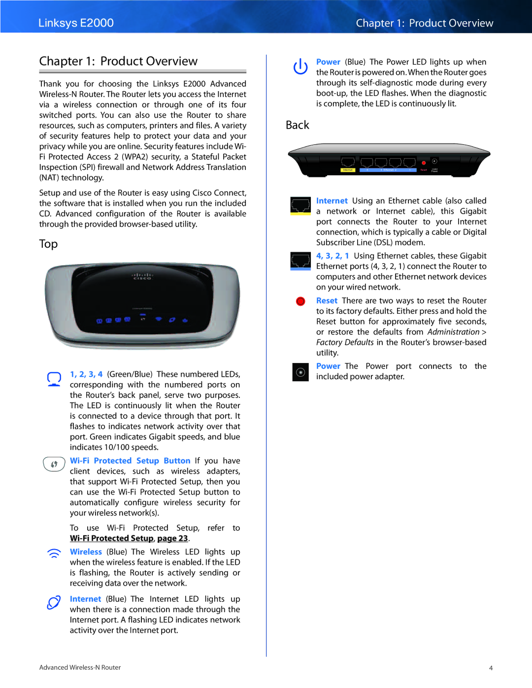 Linksys E2000 manual Product Overview, Top, Back 