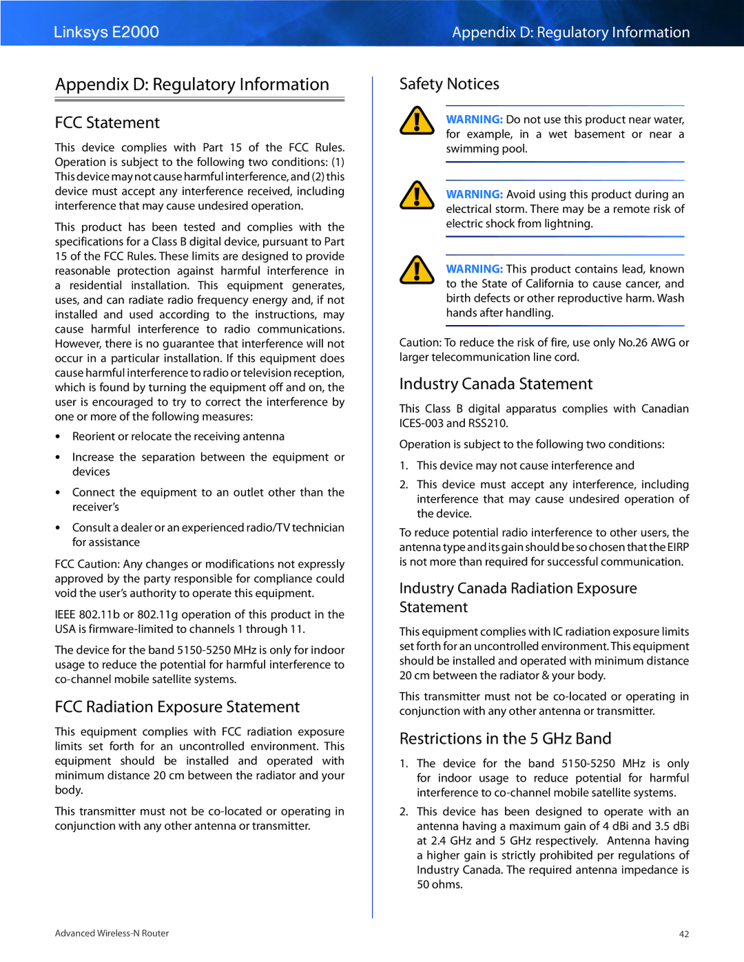 Linksys E2000 manual Appendix D Regulatory Information, FCC Statement, FCC Radiation Exposure Statement 