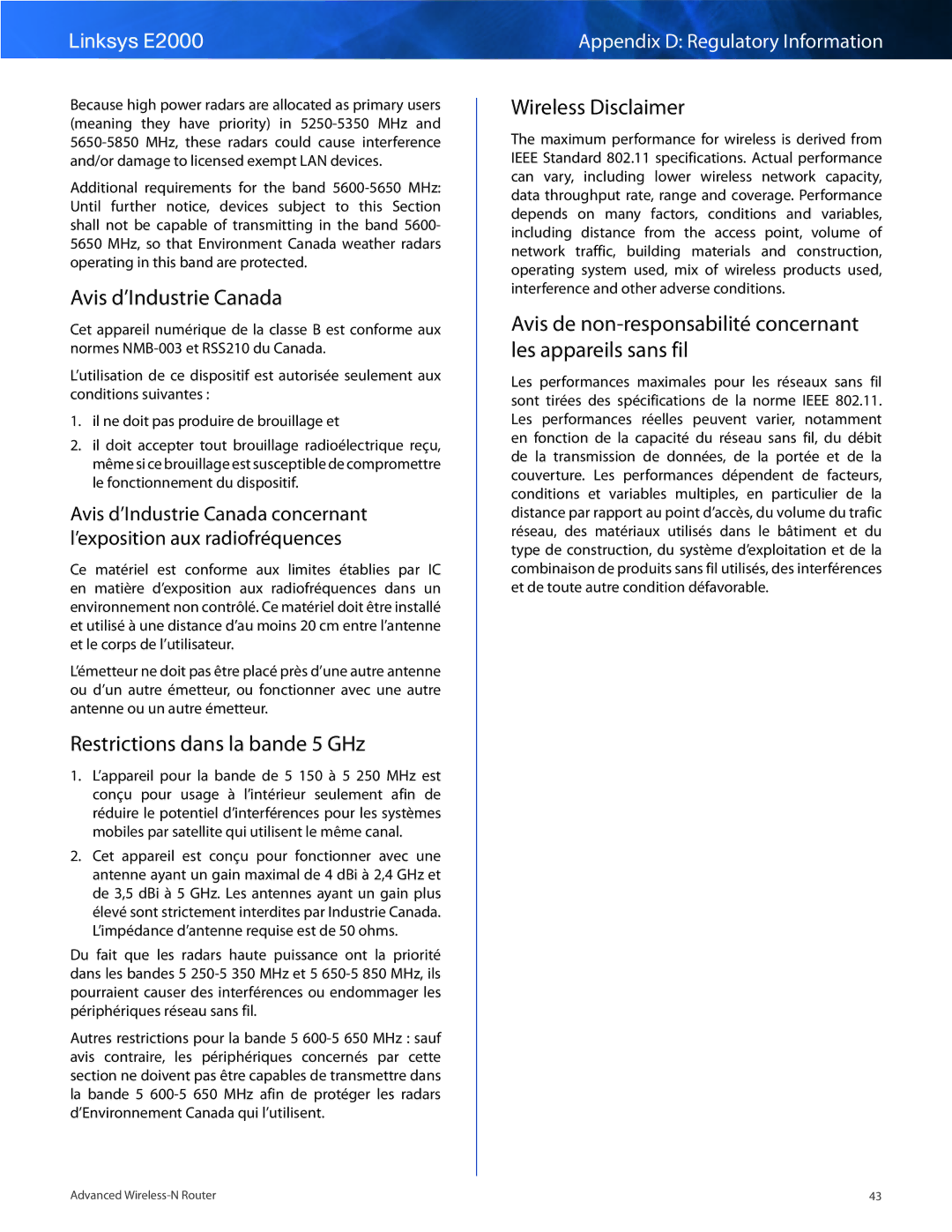 Linksys E2000 manual Avis d’Industrie Canada, Restrictions dans la bande 5 GHz, Wireless Disclaimer 