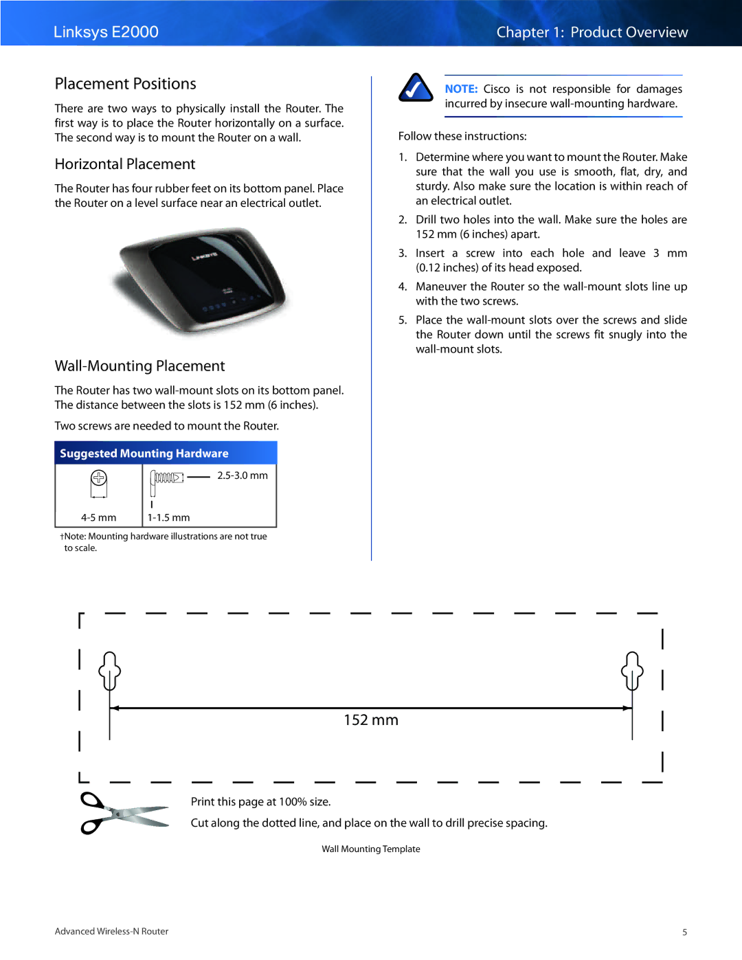 Linksys E2000 manual Placement Positions, Horizontal Placement, Wall-Mounting Placement 