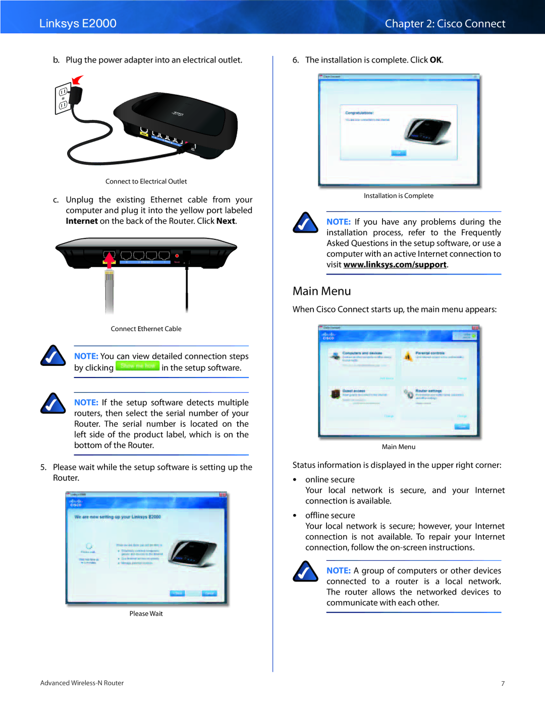 Linksys E2000 manual Main Menu, Plug the power adapter into an electrical outlet, Installation is complete.. Click OK 