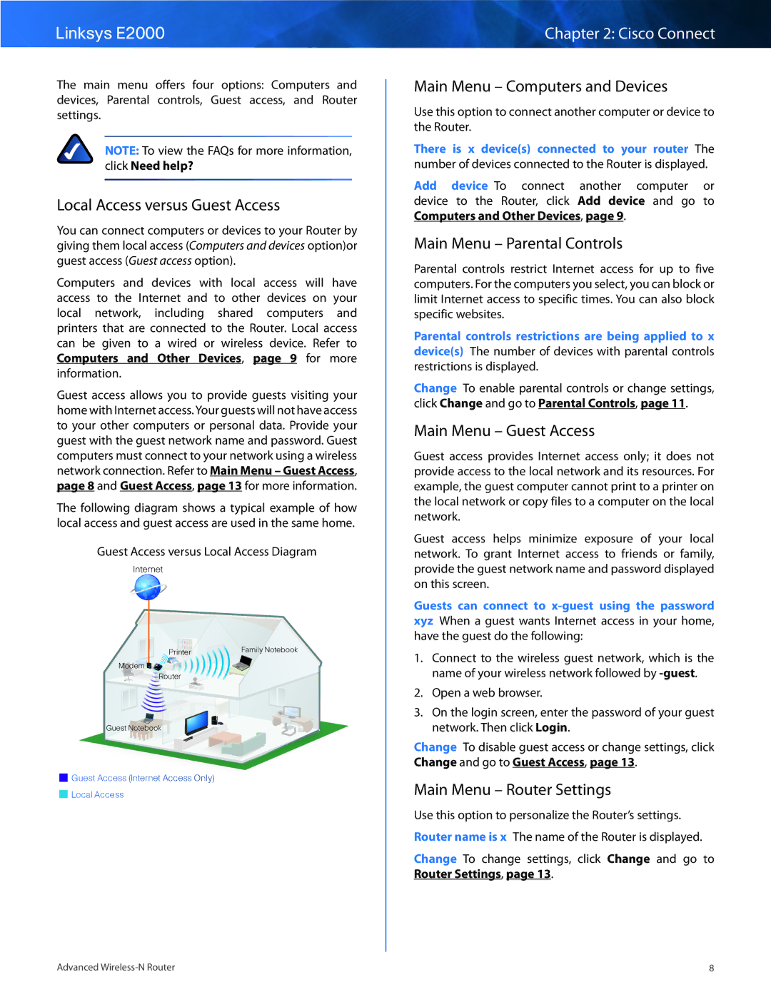 Linksys E2000 manual Local Access versus Guest Access, Main Menu Computers and Devices, Main Menu Parental Controls 