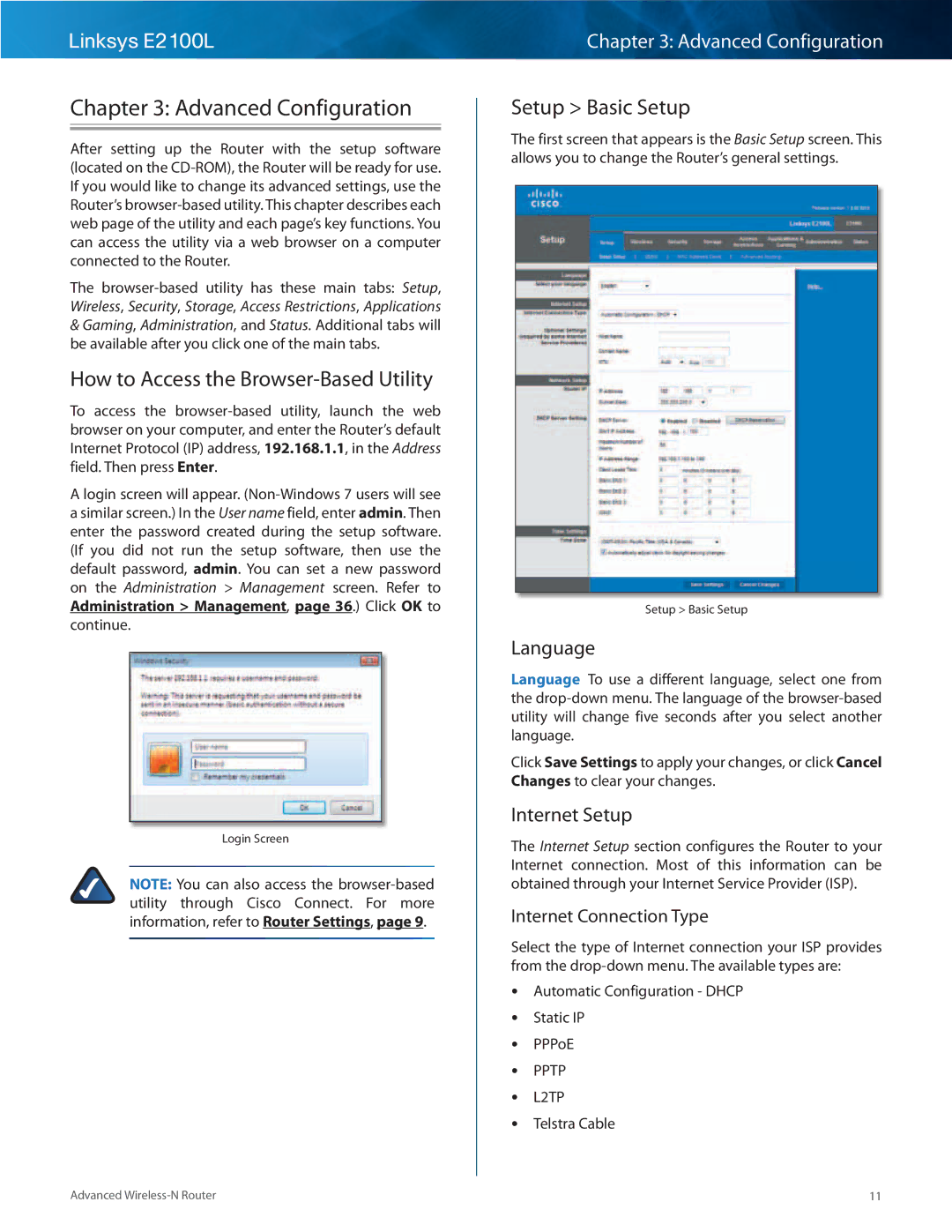 Linksys E2100L manual Advanced Configuration, How to Access the Browser-Based Utility, Setup Basic Setup, Language 