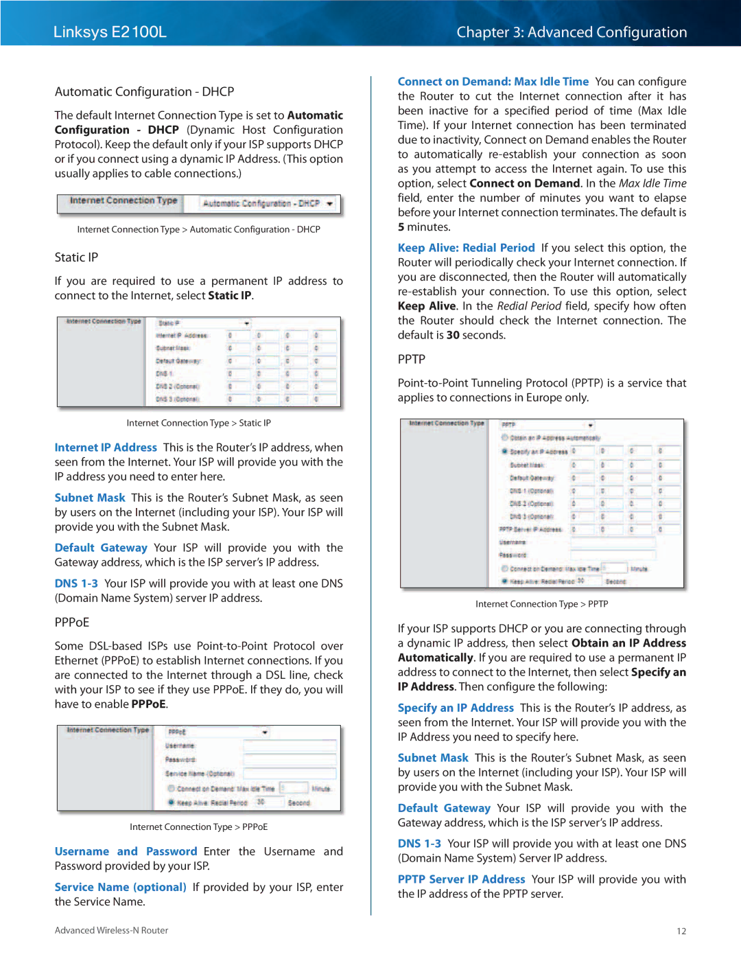 Linksys E2100L manual Automatic Configuration Dhcp, Static IP, PPPoE, Minutes 