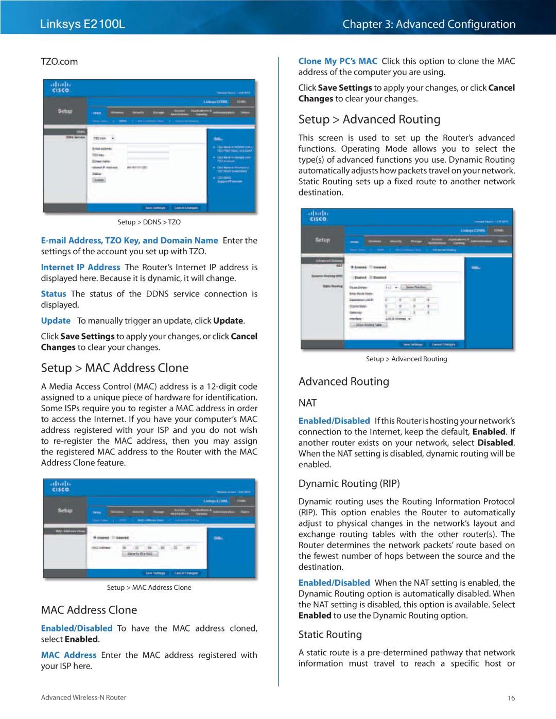 Linksys E2100L manual Setup MAC Address Clone, Setup Advanced Routing 