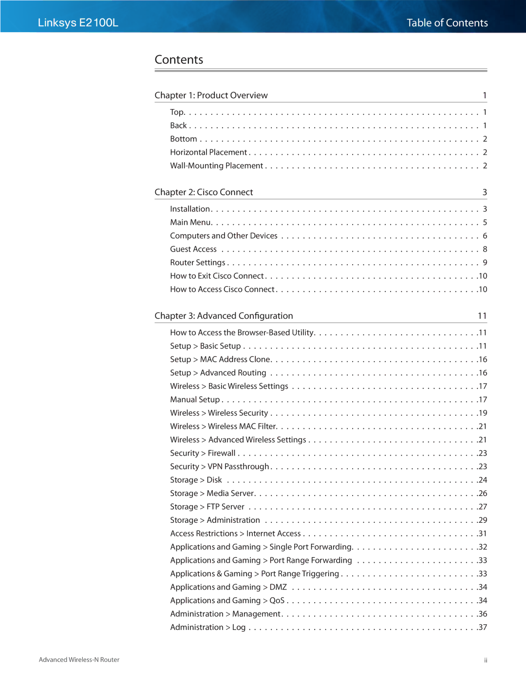 Linksys E2100L manual Contents 