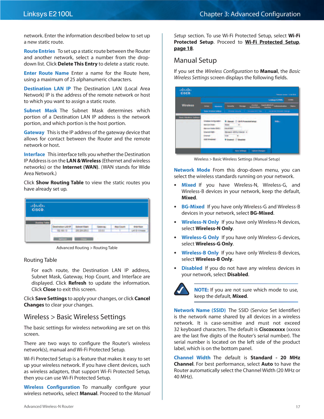 Linksys E2100L manual Wireless Basic Wireless Settings, Manual Setup, Routing Table 