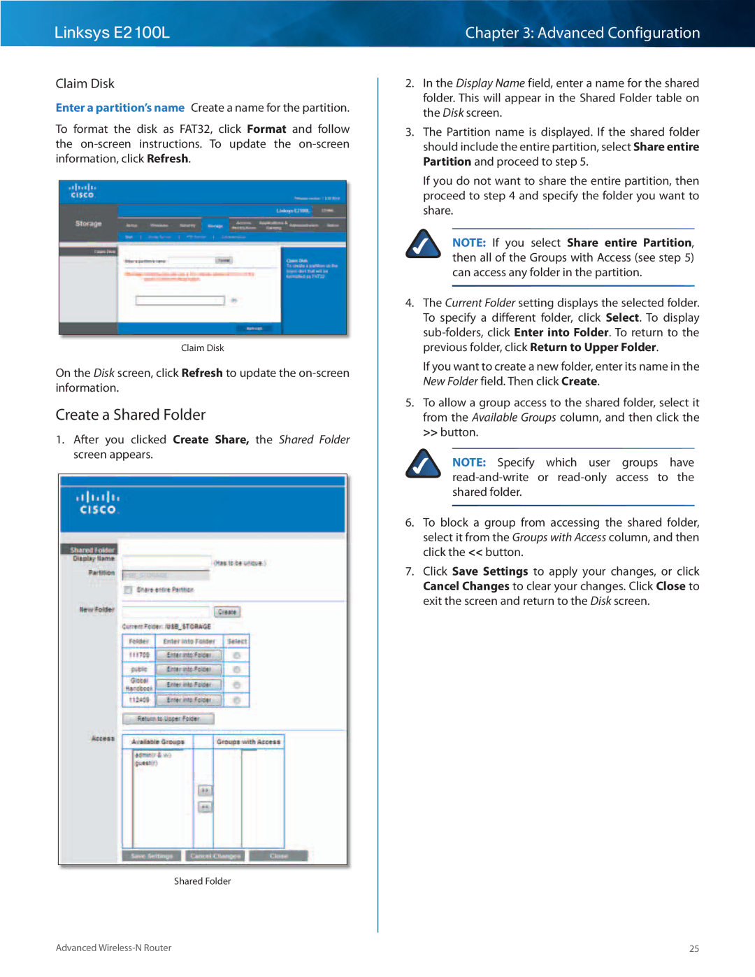 Linksys E2100L manual Create a Shared Folder, Claim Disk 