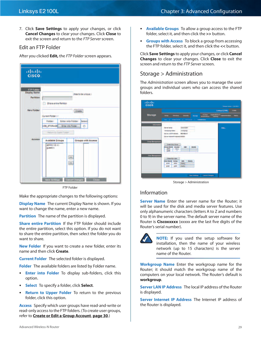 Linksys E2100L manual Storage Administration, Edit an FTP Folder, Information 