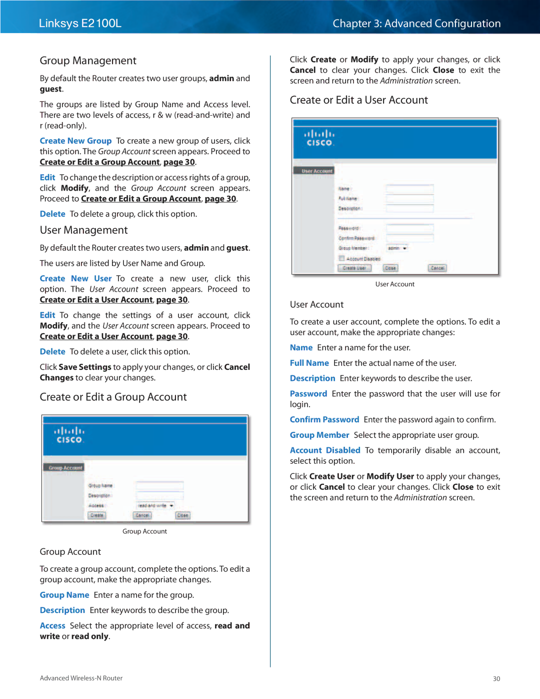 Linksys E2100L manual Group Management, User Management, Create or Edit a Group Account, Create or Edit a User Account 