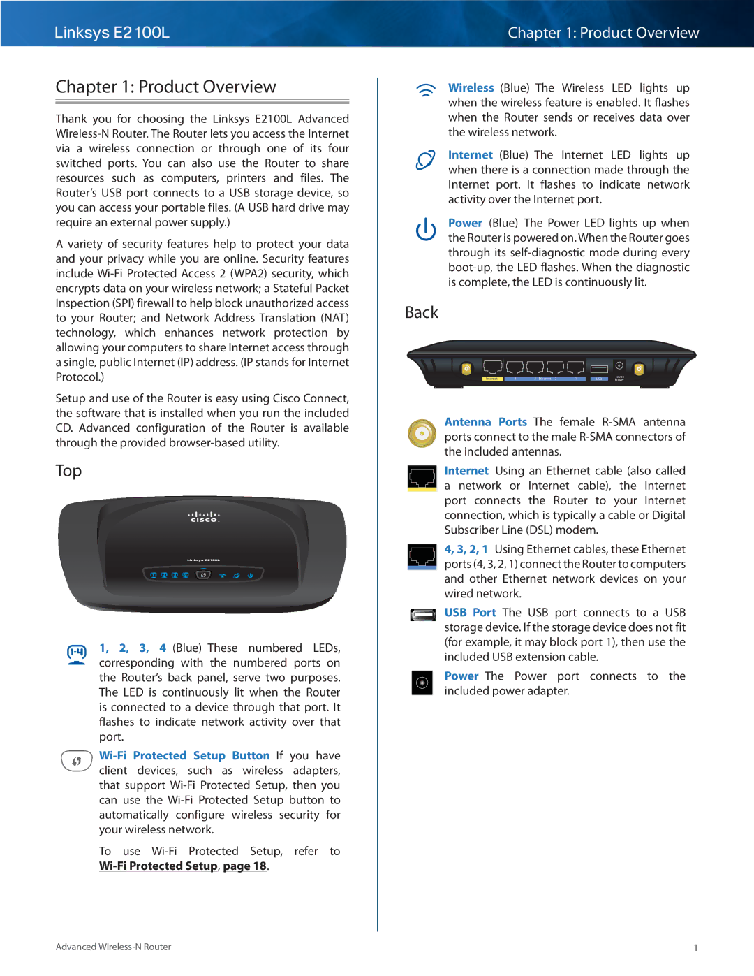 Linksys E2100L manual Product Overview, Top, Back 