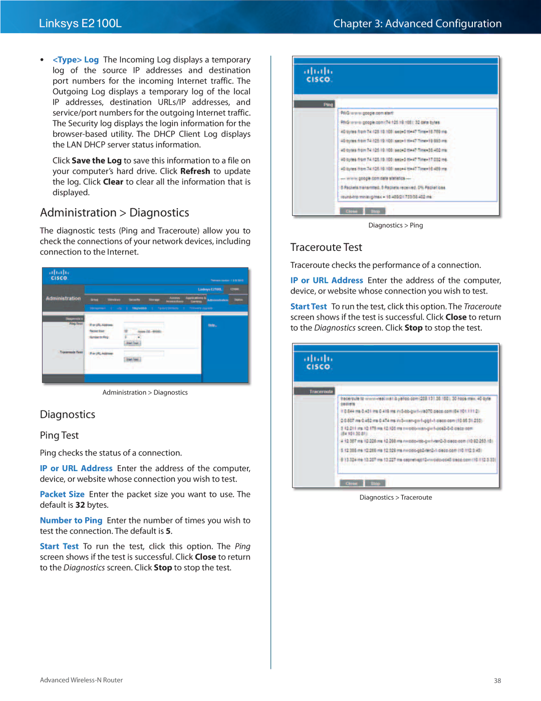 Linksys E2100L manual Administration Diagnostics, Traceroute Test, Ping Test 