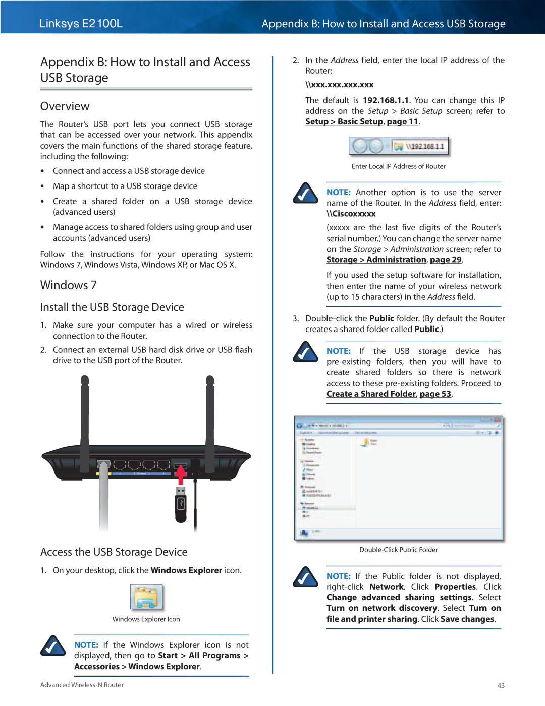 Linksys E2100L manual Appendix B How to Install and Access USB Storage, Overview, Windows, Install the USB Storage Device 