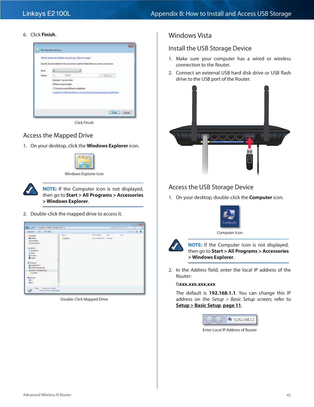 Linksys E2100L manual Windows Vista, Access the Mapped Drive, Click Finish, Double-click the mapped drive to access it 