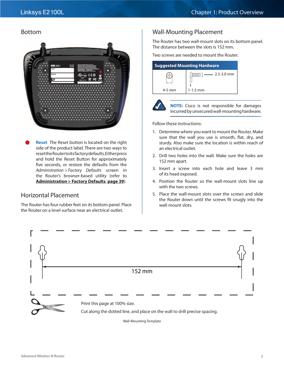 Linksys E2100L manual Bottom, Horizontal Placement, Wall-Mounting Placement 