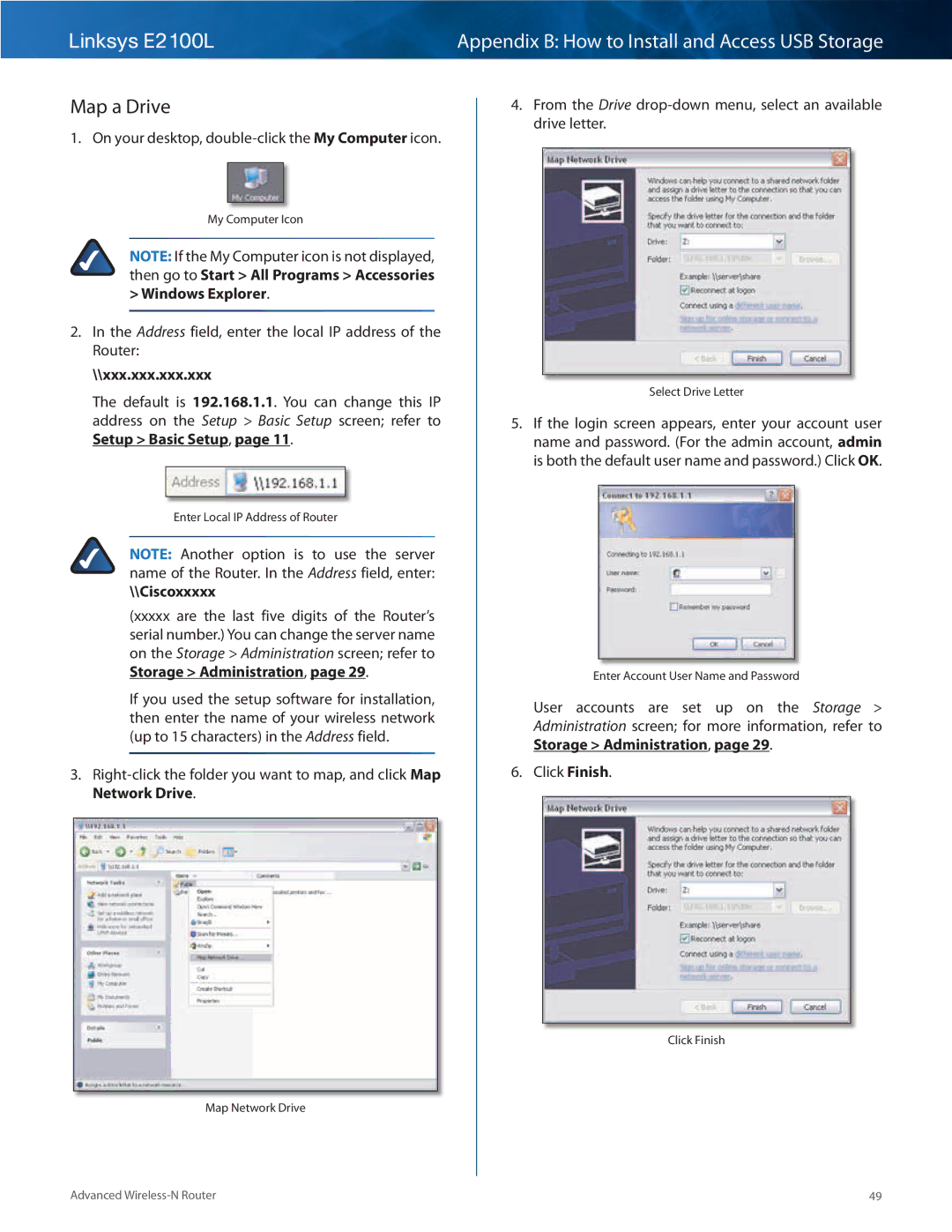 Linksys E2100L manual Map a Drive 