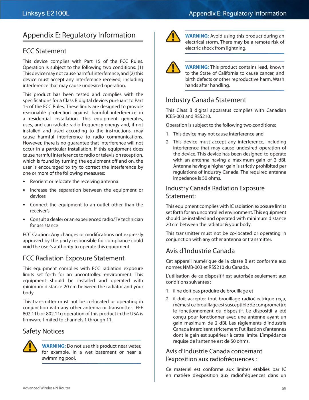 Linksys E2100L manual Appendix E Regulatory Information 