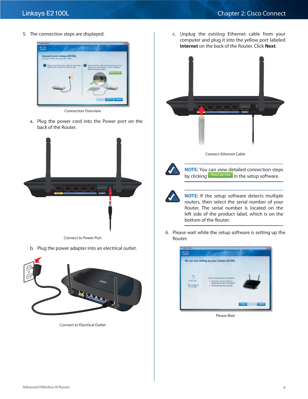 Linksys E2100L manual Connection steps are displayed, Plug the power adapter into an electrical outlet 