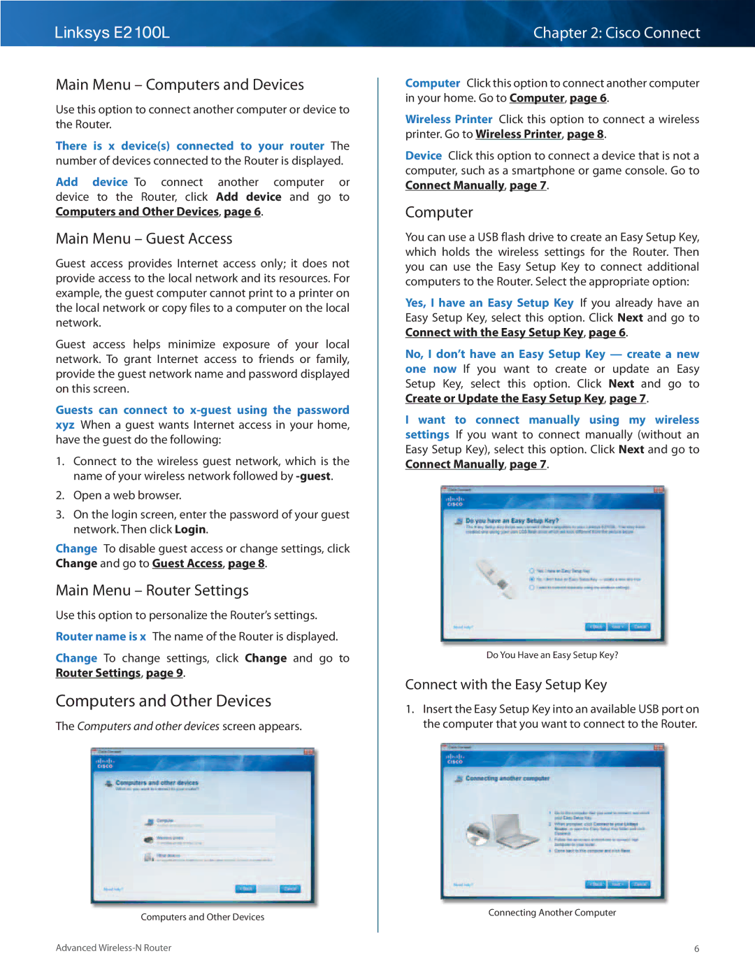 Linksys E2100L manual Computers and Other Devices, Main Menu Computers and Devices, Main Menu Guest Access 