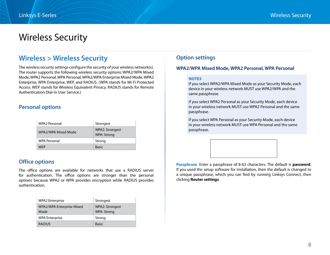 Linksys E2500 manual Wireless Wireless Security, Personal options, Office options, Option settings 