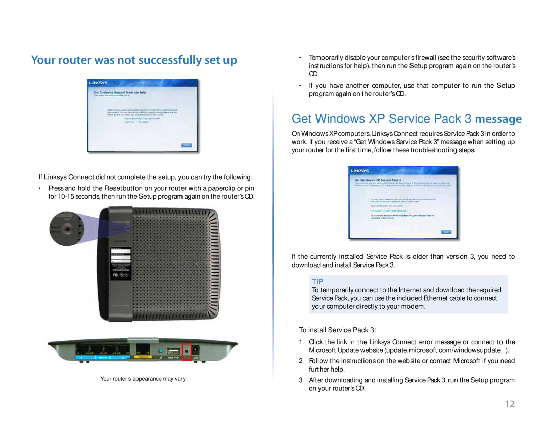 Linksys E2500 manual Your router was not successfully set up, To install Service Pack 