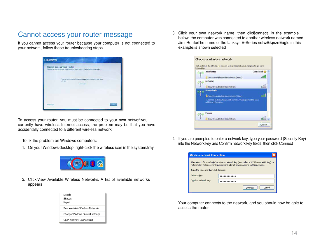 Linksys E2500 manual Cannot access your router message, To fix the problem on Windows computers 