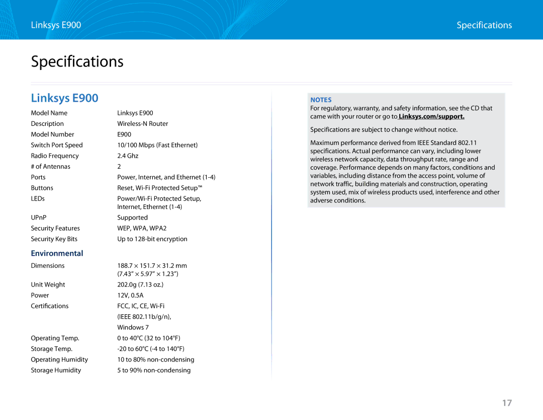 Linksys E2500 manual Specifications, Linksys E900 