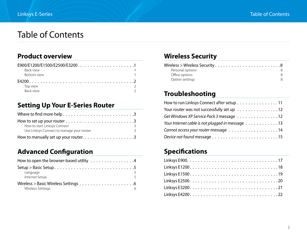 Linksys E2500 manual Table of Contents 