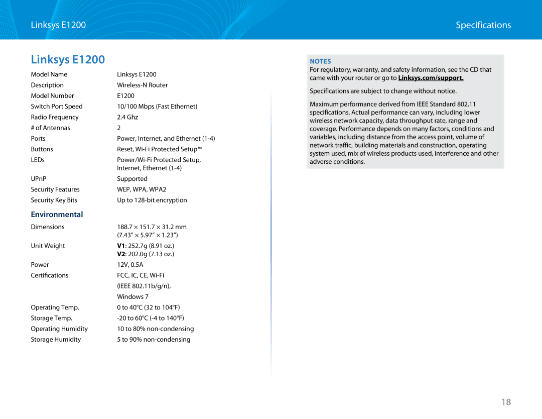 Linksys E2500 manual Linksys E1200, Specifications 